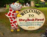 A StoryBook Forest welcome sign with clown