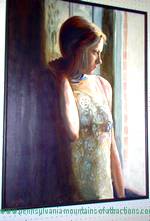 oil painting display of girl gazing out of window at Blair County PA Art Festival