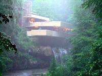 View of Frank Lloyd Wright's Fallingwater in a misty fog