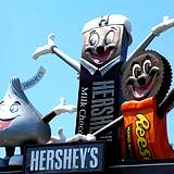photo of Hershey's characters Hershey Kiss, Hershey Bar and Reese's Peanut Butter Cup all on display at Hershey Park