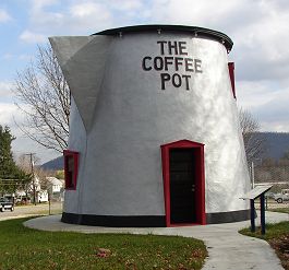 Giant coffee pot is a roadside attraction on the Historic Lincoln Highway