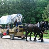 photo of people on a horse drawn wagon on the Appalachian Wagon Train