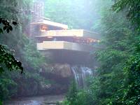 View of Frank Lloyd Wright's Fallingwater in a misty fog