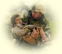 Soldier in war carrying a small child